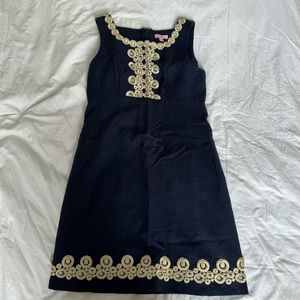 Lilly Pulitzer Dress Adelson Sheath Navy Blue Gold Jacquard Cotton Size 6